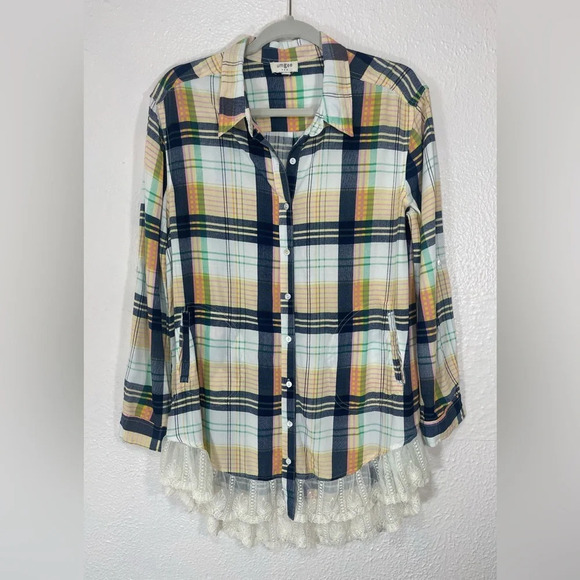 Umgee Plaid Button Down Lace Hem Collared Shirt Women’s Small Boho Casual - Picture 1 of 12